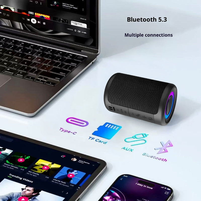 Bluetooth speaker with detachable lanyard attached