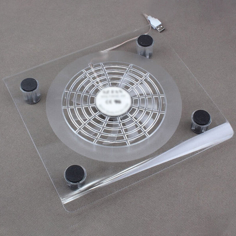 Clear acrylic laptop cooling pad with USB fan, front view