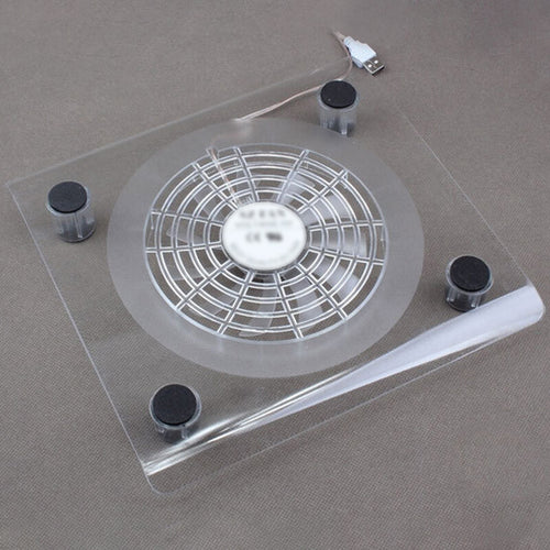 Clear acrylic laptop cooling pad with USB fan, front view