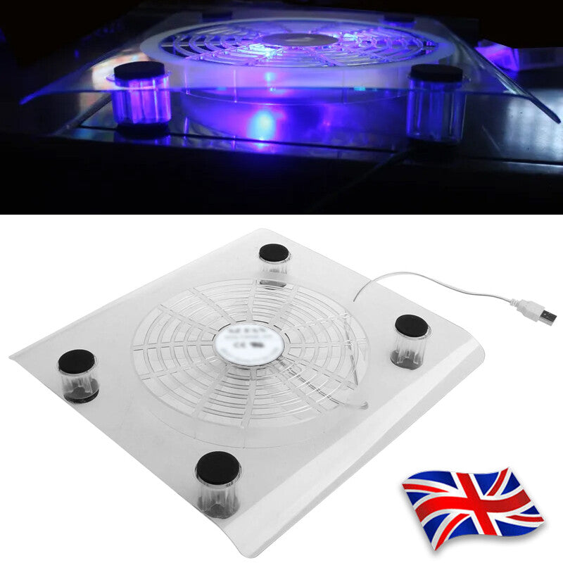 Underside of the laptop cooling pad showing the USB fan